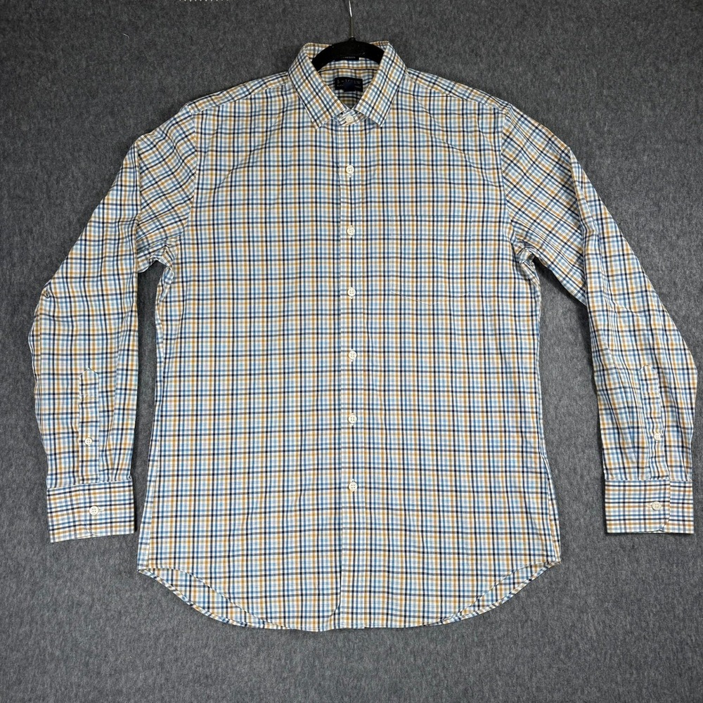 J Crew Dress Shirt Mens L 16-16.5 Blue Tan Thompson Flex Wrinkle Free Plaid